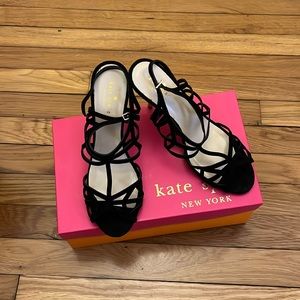 Kate suede, black leather sandals, with gold tip heel 8.5 ISSA